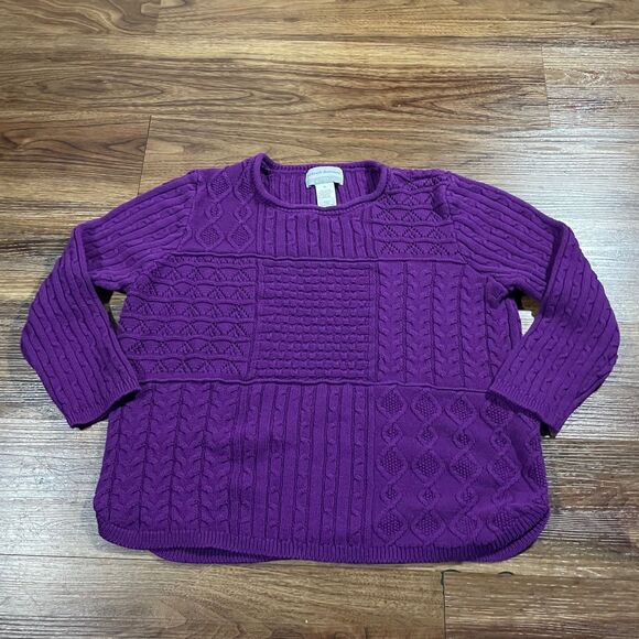 Alfred Dunner Purple Cable Knit Patchwork Sweater Long Sleeve Women Large Petite - Picture 1 of 5